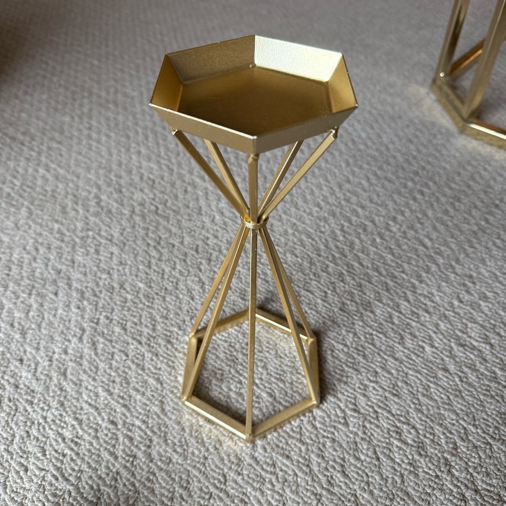 Gold Geometric Candle Holder 10” Tall Home Decor